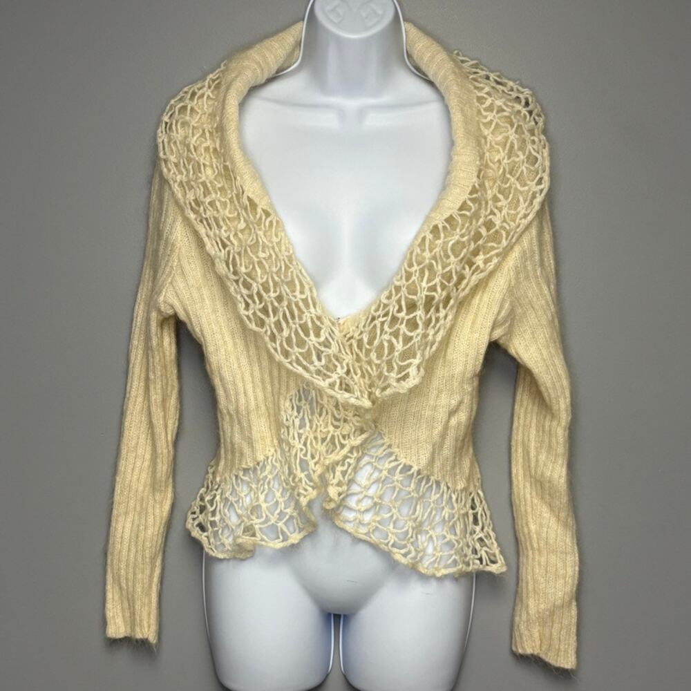 Y2K Clueless Ivory Cable Knit Crochet Coquette Preppy Mohair Blend Cardigan Sz M